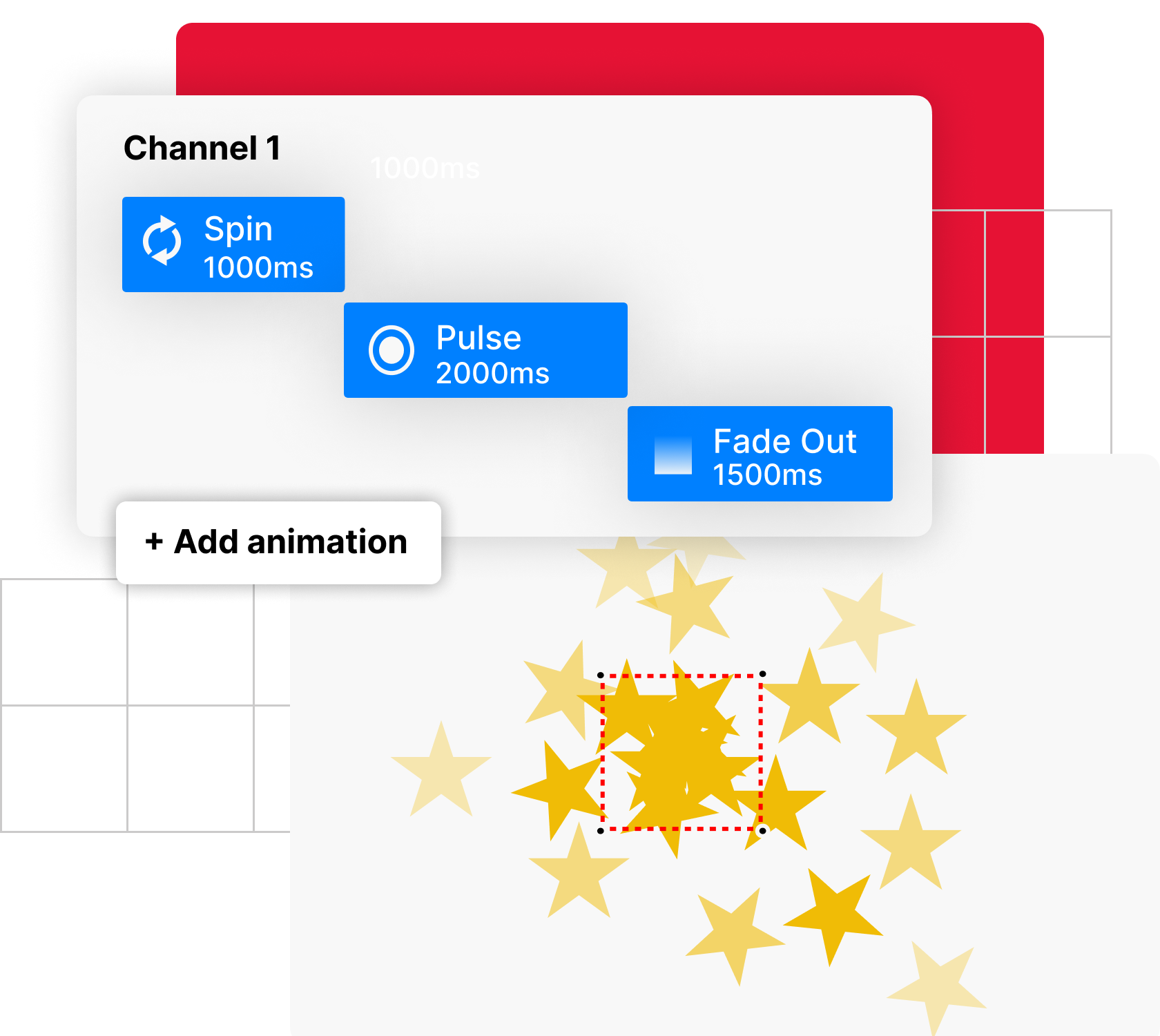 Infographic showing how animations and actions are added to objects in Gorilla's Game Builder and combined to create games.